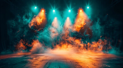 gloomy stage for a performance, spotlights shining from above, smoke and fog, dance floor, waiting for a concert, empty space for text