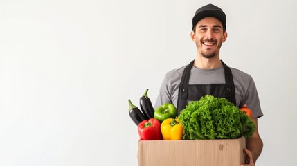 Male food delivery personnel holding a full box of groceries with plain background.