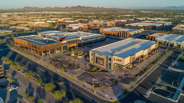 Afternoon aerial view of new shopping mall sprawl and empty lots of downtown Goodyear Arizona USA : Generative AI
