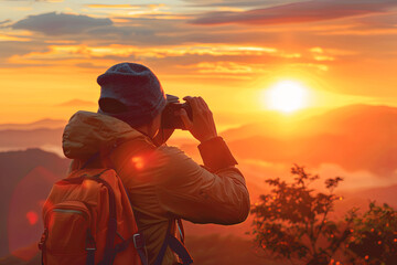Travel photographer with a camera, capturing stunning images during a sunset in nature