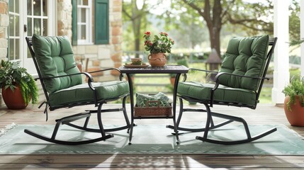 Fototapeta premium Charming Outdoor Patio Furniture Set Advertisement with Green Cushions