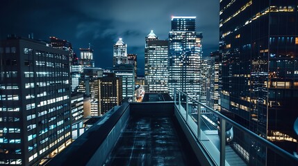 Skyscrapers Cityscape Downtown Seattle Skyline Buildings Beautiful Real Estate night time Empty rooftop View Success concept : Generative AI