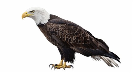 Fototapeta premium Proud bald eagle stands majestically against a white background, symbolizing power and freedom as a fierce predator in nature