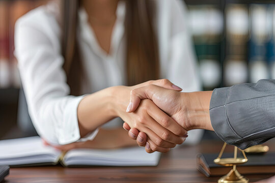 Female lawyer or notary shaking hands with a client in her office, representing legal services and agreements