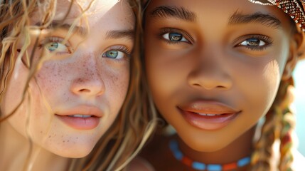 Fototapeta premium Close-up of two young women with diverse backgrounds showcasing natural beauty and friendship.