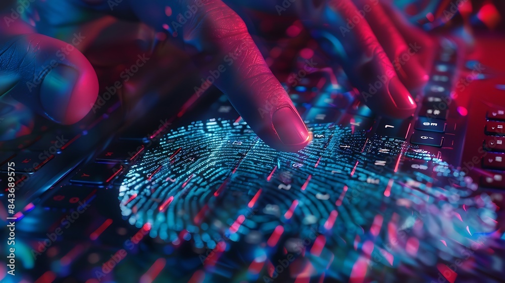 Poster Double exposure of abstract creative fingerprint hologram with hands typing on laptop on background research and development concept : Generative AI
