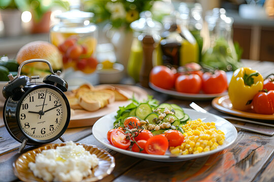 Vintage alarm clock and a delicious, healthy meal arranged on a kitchen table at home, promoting a balanced lifestyle