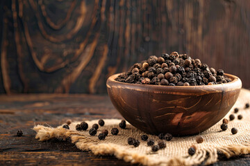 Wooden bowl filled with fragrant black peppercorns, set on a rustic table surface