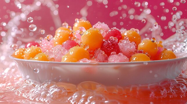 A bowl of fruit popsicles in a pink and white bowl with a spoon in it.