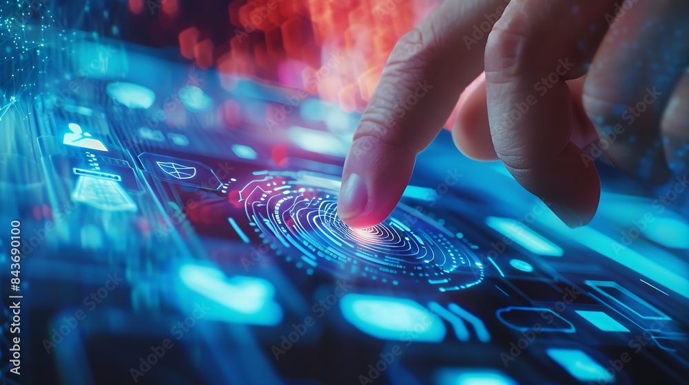 Aufkleber Digital banking Cyber security data protection Businessman using fingerprint indentity and face id to access personal financial data biometric security on mobile banking app innovation : Generative AI