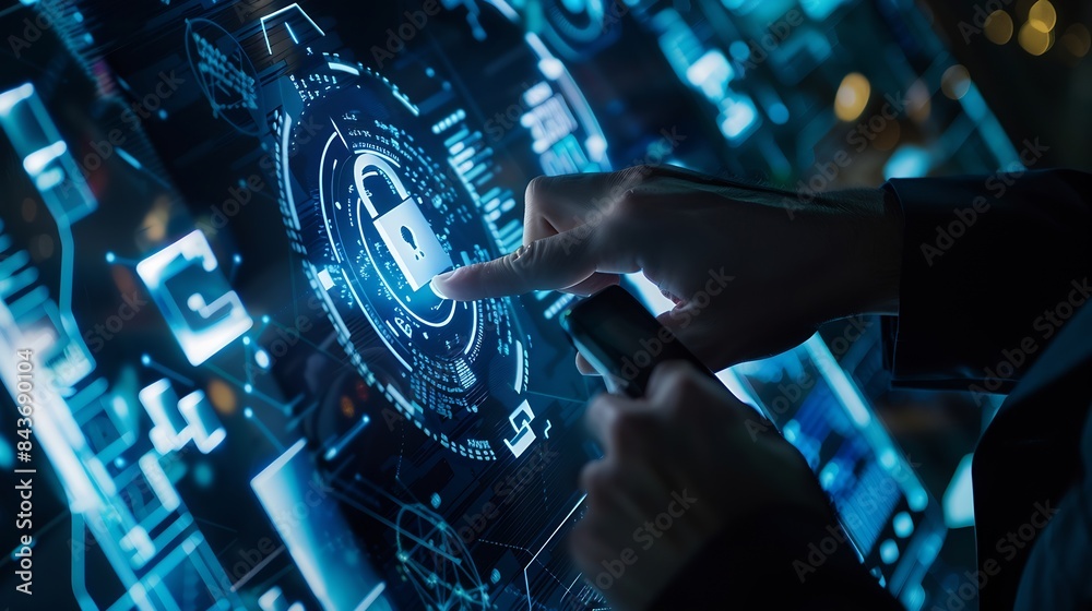 Poster Cyber security and data protection Businessman using  digital device protecting business data on network connection Security encryption of padlock and cybernetics Smart solution from c : Generative AI