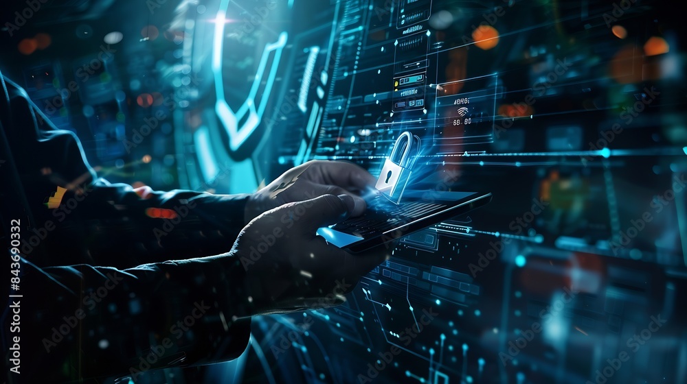 Poster Cyber security network Data protection concept Businessman using laptop computer and digital tablet with padlock on network security technology with cloud computing data management cyb : Generative AI