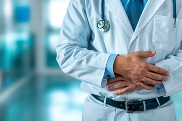 close-up, a doctor in a white coat folds his hands on his stomach, a stethoscope hangs on his neck, a neutral background is blurred, a belt on his pants