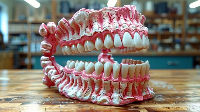 A model of a mouth with pink and white teeth. The teeth are arranged in a row, and the mouth is open, showing all the teeth.