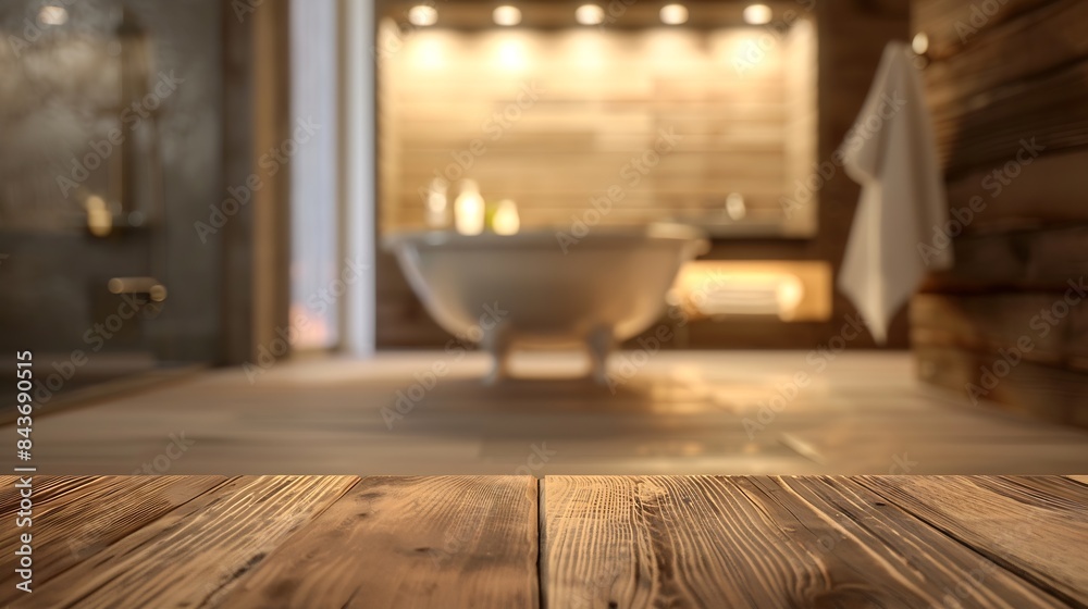 Poster wood tabletop on blur bathroom background design key visual layout : generative ai