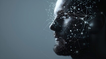 Facial recognition system Man with digital biometric grid and personal data on grey background : Generative AI