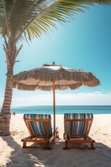 Ocean coast with palm trees, sun loungers, awnings. Summer holiday concept, summer resort, vertical
