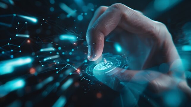 Man using thumb to scan finger print or for digital processing  biometric identification  to access  security system includes internet banking cloud system and mobile phone  Cyber secu : Generative AI