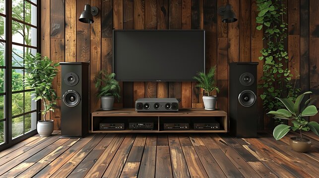 A modern home theater setup in a rustic setting with a large flat screen television mounted on a wooden wall, two large speakers, and plants in pots on a shelf