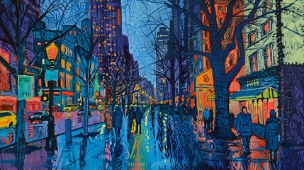 Obraz premium Busy city street lit by street lights at night