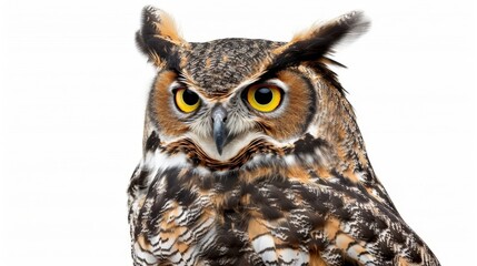 Great horned owl staring intensely with piercing yellow eyes on a clean white background