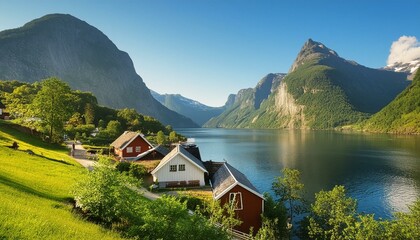 Fototapeta premium A picturesque view of the Norwegian fjords, with majestic mountains and lush greenery under a clear blue sky
