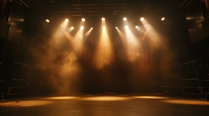 Spotlights illuminating a portion of the theater stage from the audience area