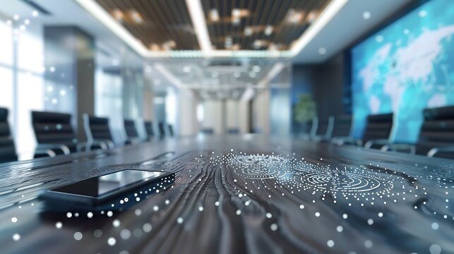 Image of viewfinder and thumbprint with connected dots over empty conference room Digital composite multiple exposure biometric security meeting office networking technology concept : Generative AI - Powered by Adobe