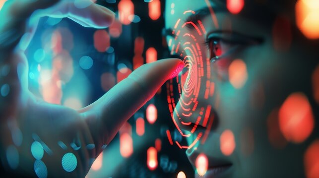 Biometrics security and  innovation technology concept Woman using fingerprint indentification to personal access Touch ID : Generative AI - Powered by Adobe