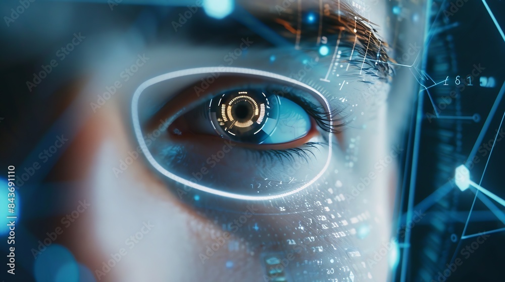 Aufkleber Scan hologram eyes and face of man of biometric data cybersecurity and futuristic technology Holographic portrait identity software and person with future or digital facial recognition : Generative AI