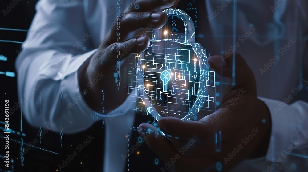 Leinwandbilder Cyber security and data protection businessman holding padlock Internet network security system protecting business and financial transaction data from cyberattacks secure data encrypt : Generative AI