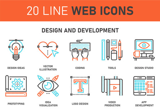 Vector set of design and development line web icons. Each icon with adjustable strokes neatly designed on pixel perfect 64X64 size grid. Fully editable and easy to use.