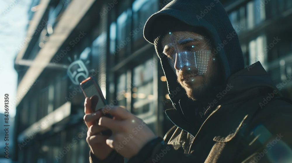 Leinwandbilder Facial recognition biometric security system cyber security network technology data protection concept Man using mobile phone with face scanning unlocked to access personal data and ne : Generative AI