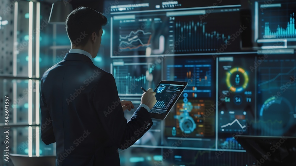 Aufkleber Businessman analyzes profitability of working companies with digital augmented reality graphics positive indicators in 2024 businessman calculates financial data for longterm investmen : Generative AI
