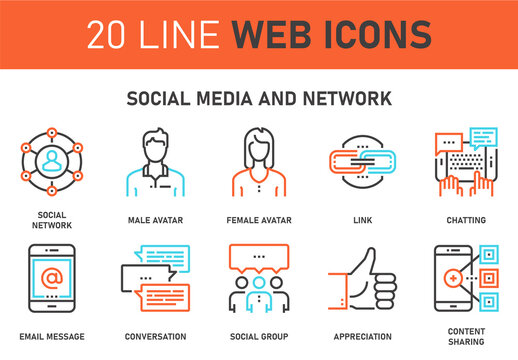 Vector set of social media and network line web icons. Each icon with adjustable strokes neatly designed on pixel perfect 64X64 size grid. Fully editable and easy to use.