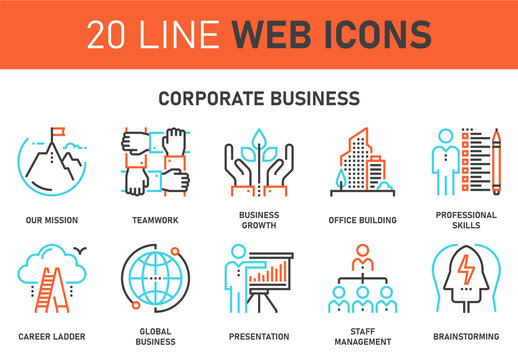 Vector set of corporate business line web icons. Each icon with adjustable strokes neatly designed on pixel perfect 64X64 size grid. Fully editable and easy to use.