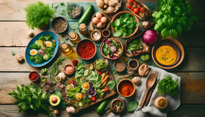 Fototapeta premium Fresh Harvest of Vegetables and Herbs with Culinary Ingredients