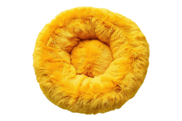 Yellow round plush pet bed isolated on transparent background