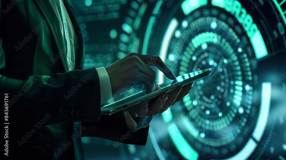 Poster Cyber security network Data protection concept Businessman using digital tablet with biometric network security technology to access privacy data and management computer crime data enc : Generative AI