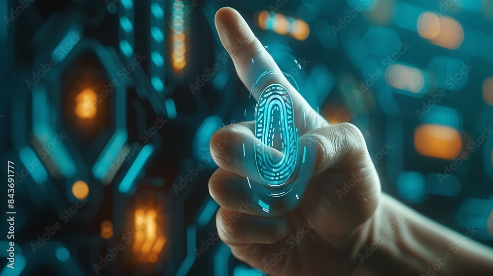 Leinwandbilder Embrace future of security with thumbs up and virtual fingerprint scan Biometric identity verification and access password for robust technology security system Protect your informatio : Generative AI