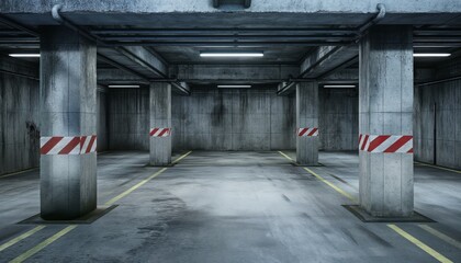 Empty concrete parking garage with striped columns.
