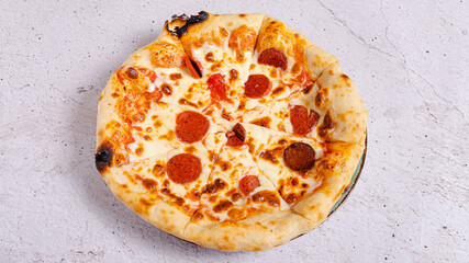 Delicious pizza isolated top view