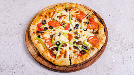 Delicious pizza isolated on wooden board