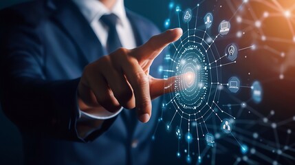 Biometric security data encryption Businessman using fingerprint identity to access personal financial data network security for mobile app software development technology against cybe : Generative AI