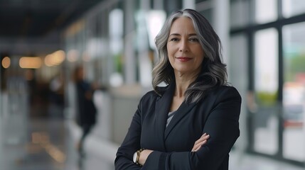 Portrait of mature business woman with arms crossed looking at camera Happy smiling mid businesswoman standing in office with copy space Confident latin woman in formalwear standing in : Generative AI