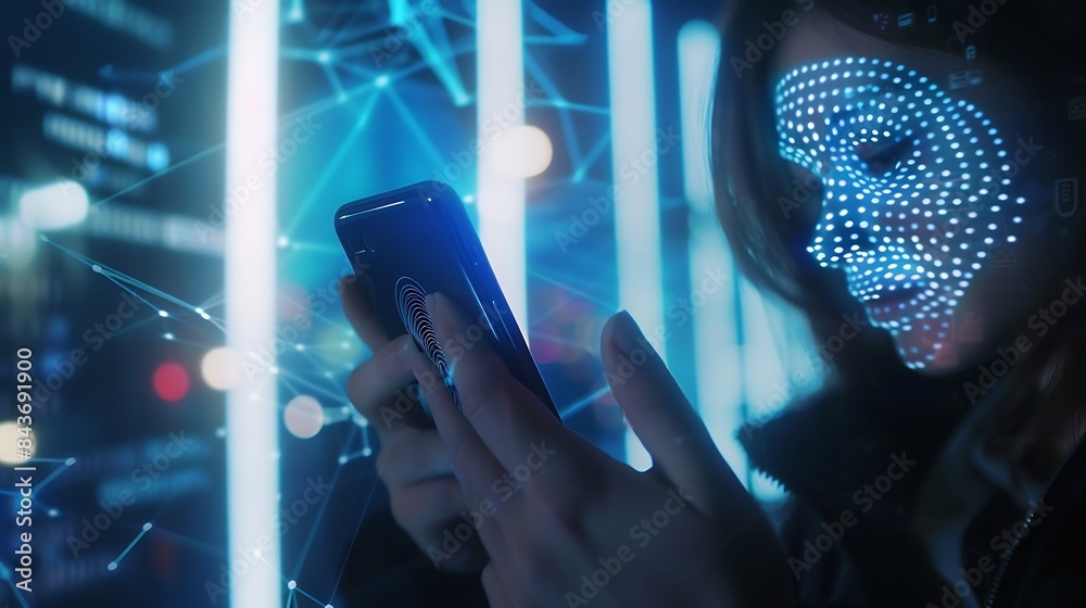 Aufkleber Cyber security data protection Woman using mobile phone and fingerprint or face id scan to access personal data security on secured network connection Biometric technology data encrypt : Generative AI