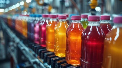 A Symphony of Colors: Bottled Beverages Moving Along a Conveyor Belt in a Factory. Generative AI