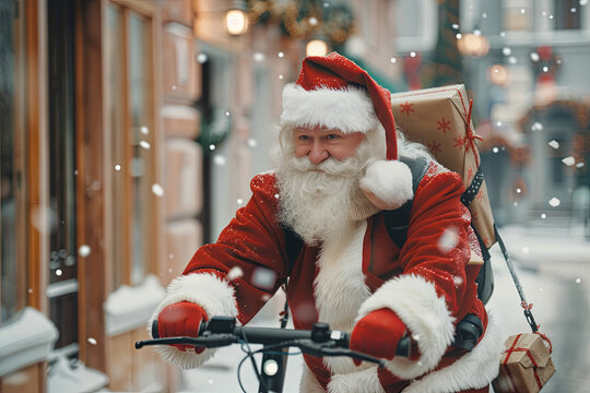 Humorous image of Santa Claus riding a modern electric scooter, delivering presents in a fast and eco-friendly way