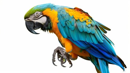Obraz premium Blue and yellow macaw parrot perched and gazing downward against a white backdrop