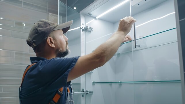 Handyman installing glass cabinet in bathroom : Generative AI
